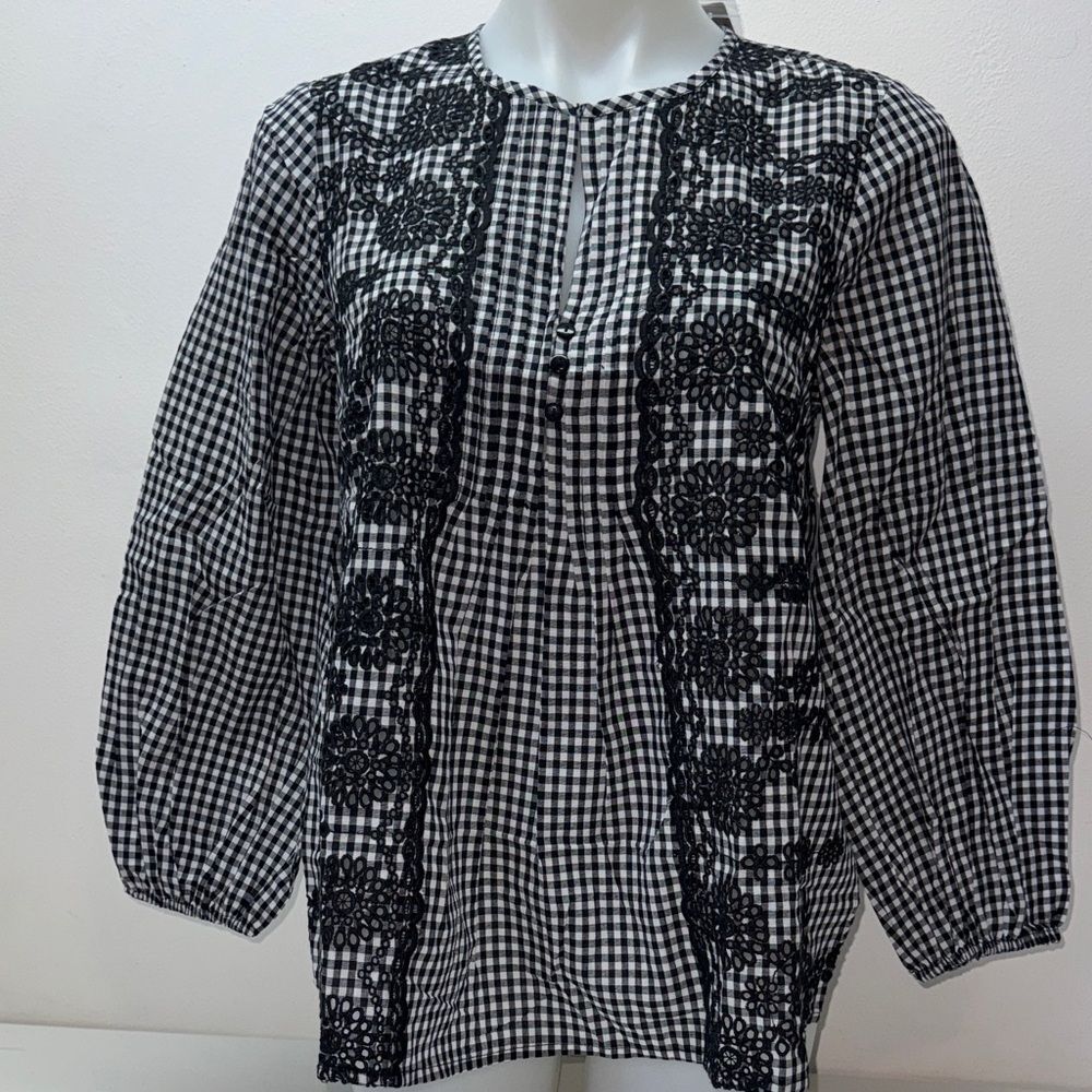 ✨J. Crew Black and White Gingham Blouse with Lace Accents Sz SMALL NWT